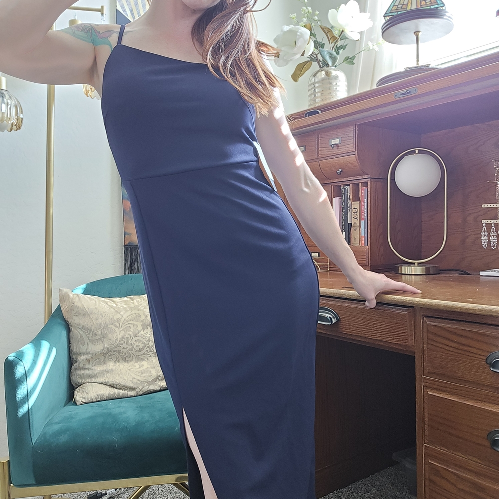 NWT Navy Blue Midi Dress with Modest Side Slit - Size Small